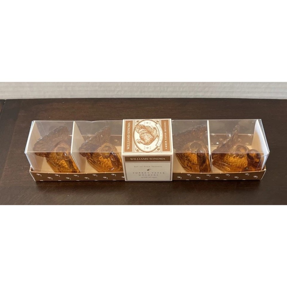 Williams Sonoma Set 4 Amber Taper Candle Holders Glass Turkey Thanksgiving NIB